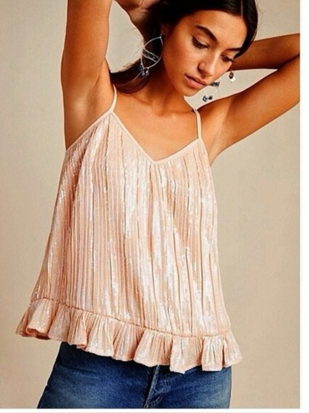Anthropologie Shimmer Pleated Ruffle-Hem Cami - Blush Pink
